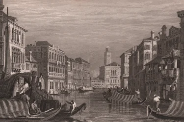大運河 (Canal Grande) のゴンドラ、ベネチア、ベネト州、イタリア、Samuel Prout (1783-1852) による描画後の鋼の彫刻、15x11.5 cm 年頃