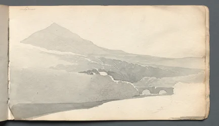 スケッチブック：橋のある山岳風景、1814年。