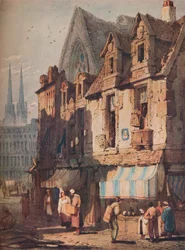 ストリートシーン、バイユー、ノルマンディー、c1828