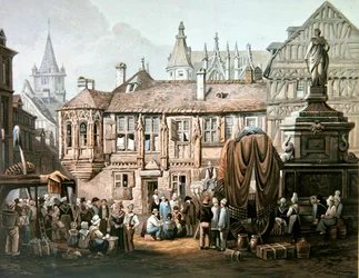 1825年頃、ルーアンのピュセル広場にあるホテル・ドゥ・ブールシュトルードのカラー・エングレーヴィング。