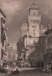 イタリア、エミリア＝ロマーニャ州、フェラーラ、エステンテ城の眺め、サミュエル・プラウト（1783-1852）のデッサンに基づくジョン・ゴッドフリー（1817-1889）のスチール・エングレーヴィング、約26x17cm、ブラッキー・アンド・サン社発行