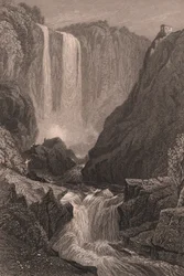イタリア、ウンブリア州、テルニ近郊のマルモアの滝（Cascata delle Marmore）の眺め、サミュエル・プラウト（1783-1852）のデッサンに基づくスチール・エングレーヴィング、約15x11.5cm。