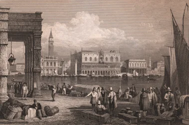 イタリア、ベネト州ベネチアのサンマルコ盆地の眺め、サミュエル・プラウト (1783-1852) による描画後のスチール彫刻、15x11.5 cm 頃