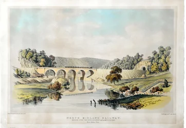 アンバー・ゲート近くのダーウェント川とマトロック・ロードに架かるノース・ミッドランド鉄道橋。1840年 （紙に手彩色リトグラフ）