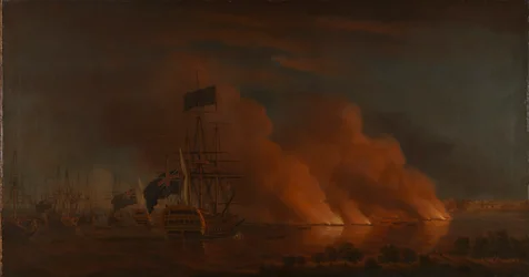 1759年6月28日、ケベック沖でイギリス艦隊を攻撃するフランス軍の火器隊