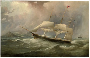 ブラックボールラインクリッパー船オーシャンチーフはオーストラリアの航行で帆を減らしました（1853年頃）。