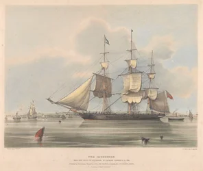 ジャクソン・ゴードン社が1838年にリバプールで建造した鉄船「アイアンサイド」（1838年頃、リトグラフ、彩色済み）