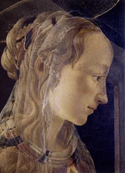 Saint-Ambroise (Saint Ambroise) または Retable des Convers の祭壇画。 アレクサンドリアの聖カタリナのディテール。 Sandro Botticelli (1445-1510) として知られる Alessandro di Mariano dei Filipepi の絵画。 キャンバスにテンペラ