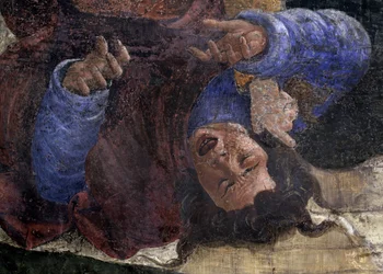 モーセの生涯の物語。 詳細: モーセの剣の下にいるエジプト人。 Sandro Botticelli (1445-1510) として知られる Alessandro di Mariano dei Filipepi の絵画。 フレスコ