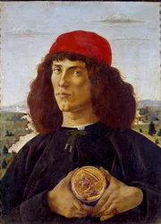 コジモ・デ・メディチ（Cosimo de Medici）のメダルを持つ無名の男性の肖像。アレッサンドロ・ディ・マリアーノ・デイ・フィリペピ・ディット・サンドロ・ボッティチェリ（1445-1510）の絵画。キャンバスにテンペラ、57.5×44cm