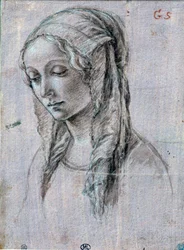 若い女性の頭」 筆で描かれた白抜きの絵 アレッサンドロ・ディ・マリアーノ・デイ・フィリペピ・ディット・サンドロ・ボッティチェリ（1445-1510） 15世紀 パリ、ルーヴル美術館