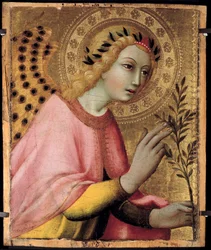 サノ・ディ・ピエトロ（1406-1481）の「祭壇画の受胎告知の天使」。1450-1481.日 40x35 m アヴィニョン、ペトロ・パレ美術館