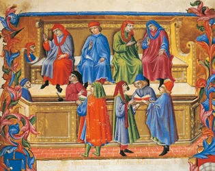 商人たちの法令」より貿易裁判のミニチュア（サノ・ディ・ピエトロ作、1472年） イタリア 15世紀