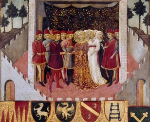 シエナ市の貴族のカップルの結婚式 1473年にビッシェルナ（シエナ市の会計簿の表紙）を飾るサノ・ディ・ピエトロ（1406-1481）の絵。イタリア、シエナ市スタト公文書館