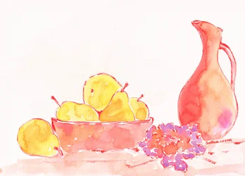 水彩画「洋梨と水差し」