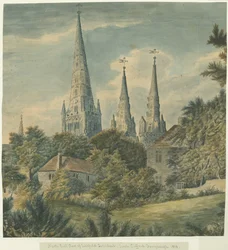 リッチフィールド大聖堂-ノースイーストビュー：1818年の水彩画
