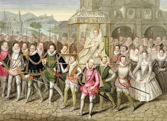 廷臣を伴って行進するエリザベス1世（1600年頃）、『Memoirs of the Court of Queen Elizabeth』より。シャーボーン城にあるロバート・ピーク作とされる油彩画（1592-1667年頃）に基づく。18年刊行
