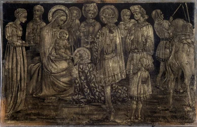 サセッタ (1392-1450) によるマギの絵の崇拝 (1392-1450) 薄暗い 29x46 cm マルセイユ装飾芸術およびファッション美術館