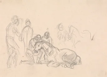 Two figures kneeling beside a horse...   1445621   ja       japanese Successfully Translated  Original: Representation of the good position of two fetuses during a gemellar pregnancy Engraving from “” La nature et lhomme” by Rengade 1881 Private collection