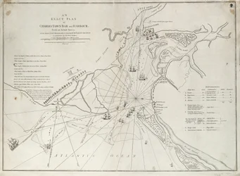 1776年6月28日、ピーター・パーカー卿の指揮する陛下の艦隊によるサリヴァン砦の攻撃と、実際の測量によるチャールズ・タウンの砂州と港の正確な平面図。