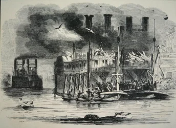 St.Louisで火事になったMississippiの蒸気船(エングレービング)