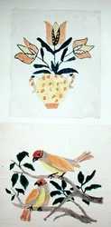 チューリップの花瓶と木の上の2羽の鳥（水彩・紙）