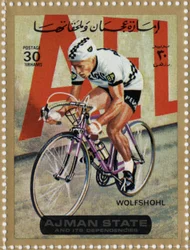 サイクリストのRolf Wolfshohl（Ne 1938）を表すUAEの切手。