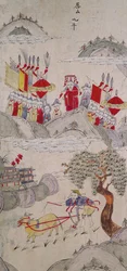 中国の有名な物語を描いた八曲一双のパネル（紙に天然顔料）