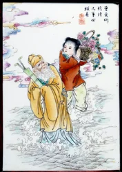 春の寓意 花籠を持った女性と、水しぶきの中を歩く老人。無名の磁器に描かれた絵画、中国