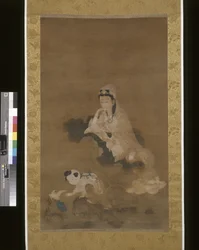 Avalokitesvara (Guanyin) On Lotus (シルクにインクとカラー)