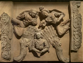 仏陀の前世を描いた浅浮彫り。ヴィシュヴァンタラ・ジャタカ。中国、新疆ウイグル自治区6世紀末〜7世紀初頭
