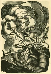 劉倫の戦争風景。木版画、「戦時中国の木版画1937-1945」所収、上海。