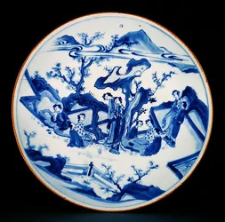 青花彩色婦人像付皿 移行期 1640年頃（磁器