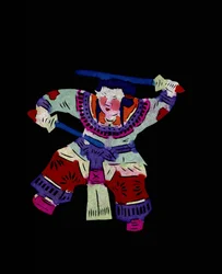 二刀流で武術の練習をする女性のキャラクター。中国の民芸品、ペキン。