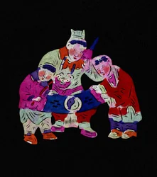 二人の子供を連れた男性のキャラクター。中国の民芸品、ペキン。