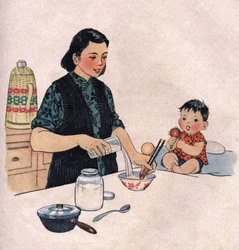 離乳食を準備する母親。挿絵：「乳幼児に栄養を」、Le Journal de la Sante誌、ペキン。