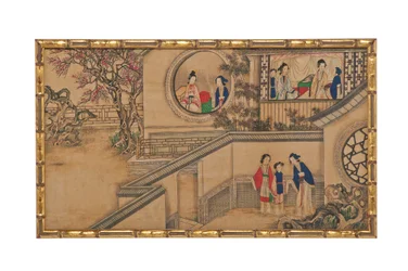 赤い部屋の夢からの24のシーンの1つ（偽の竹の金箔のフレームのシルクのインクと色）
