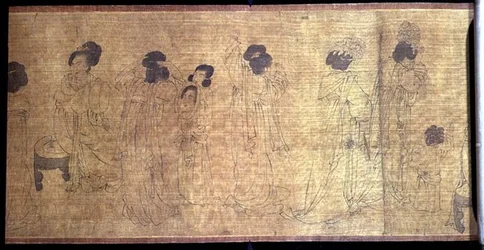 宮殿の遊女たち」手摺り 出かける準備をする遊女たちの細部 南宋時代、1140年頃 周文洲（970年頃）の原画に倣う（絹に墨と顔料）（114250も参照）