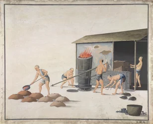 「水に入れて冷ます」、中国で鋳鉄を製造、1820年頃（紙に水彩）