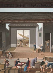 紅茶の製造風景、1820年頃（絹本、ボディカラー、金彩、紙）