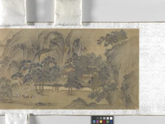 川辺の村の旅人たち」 制作年不詳 （絹本、彩色、墨汁）