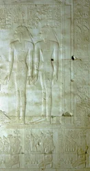 アビドス：オシリスのためのセティ（セティ）1世の神殿。ファラオを従える女神たち。