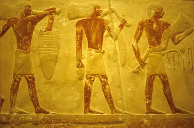 古代エジプト、壁面彫刻／絵画、サッカラ、イドゥートのマスタバ／墓、紀元前2323～2150年、供物を持つ担ぎ手（写真）
