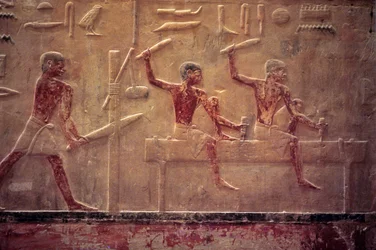 古代エジプト、壁面彫刻／彩色、ティのマスタバ／墓、サッカラ、第5王朝、鋸で挽く大工、槌で打つ大工、梁を削る大工（写真）。