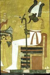 古代エジプト、壁画 インヘルクハウの墓、テーベ、供物台の前に座るオシリス、第20王朝時代（写真）