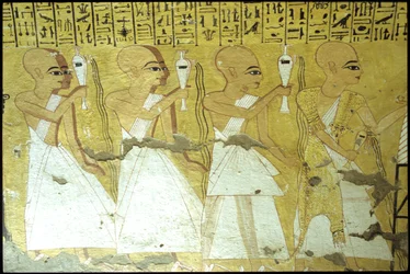 古代エジプト、壁画 インヘルクハウの墓、テーベ、貴族の墓、第20王朝、インヘルクハウに献杯する神官たち（写真）