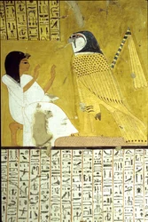 古代エジプト、壁画 インヘルハウの墓、テーベ、貴族の墓、第20王朝、ホルス鷹を拝むインヘルハウ（写真）