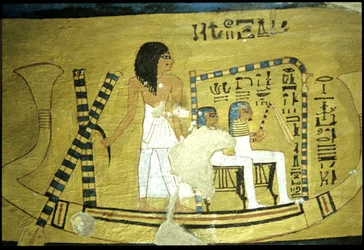 古代エジプト、壁画 インヘルクハウの墓、テーベ、貴族の墓、第20王朝、祠に座る2人の神と舟を操るインヘルクハウ（写真）