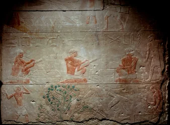 古代エジプト：紀元前2300年頃、アケテプのマスタバ礼拝堂に出土した書記を描いた石灰岩のレリーフ。第5王朝。旧帝国。サッカラ（Sakkara）から。パリ、ルーブル美術館