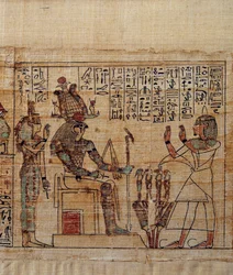 古代エジプトのアート。神話に登場するセリメンのパピルス。セリメンがプタ・ソーカル・オシリス神とイシスの前で礼拝している様子が描かれています。第21王朝（約1069〜945年）、第三中間期（約1069〜664年）の写本。絵画。